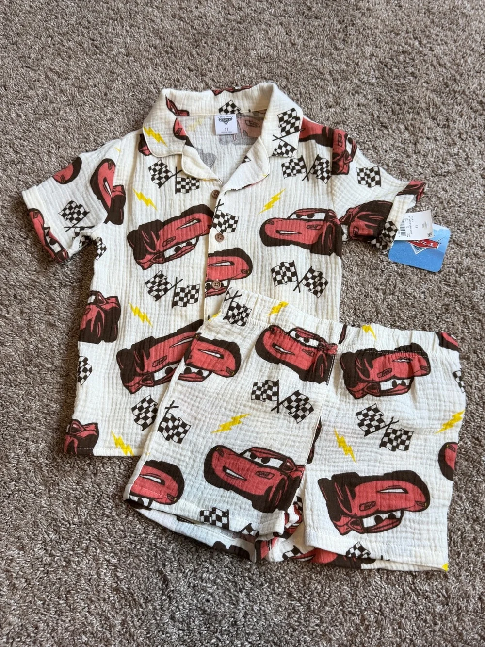 Disney Pixar Boy’s Cars Lightning McQueen Shirt Short Set 5T NEW Cotton Gauze